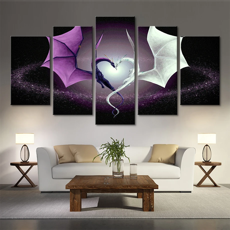 Decoration Pictures Vintage Home Decor 5 Panel Dragon Love Paintings On Canvas Wall Modular Pictures For Living Room HD Print