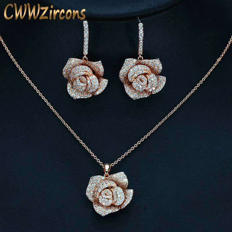 

CWWZircons Geometric Flower Design Cubic Zircon Fashion Brand Women Rose Gold Color Earrings Necklace Pendant Jewelry Sets T016