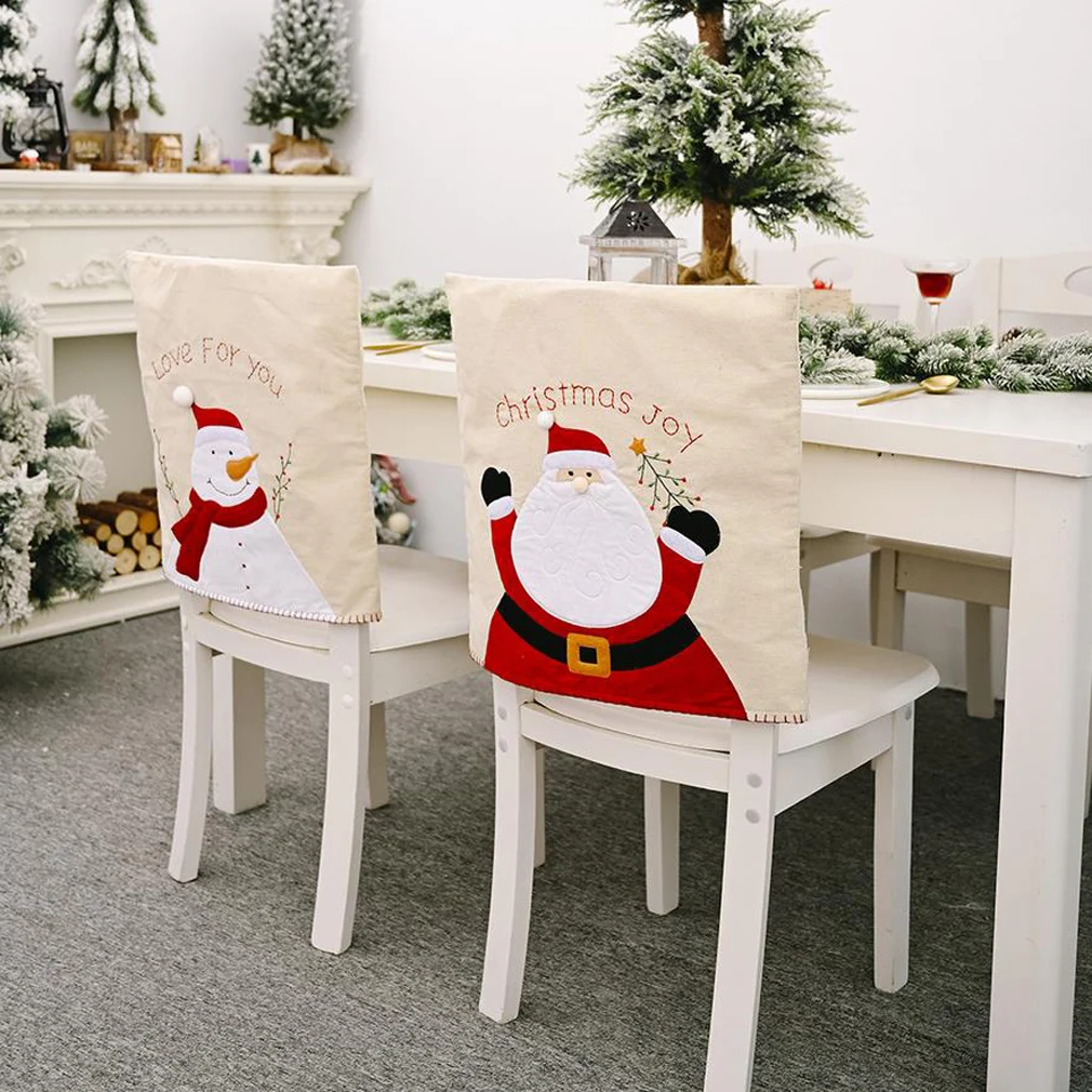 

Christmas Linen Chair Cover Santa Claus Snowman Embroidery Chair Back Covers New Year Christmas Ornament Table New Year Supplies