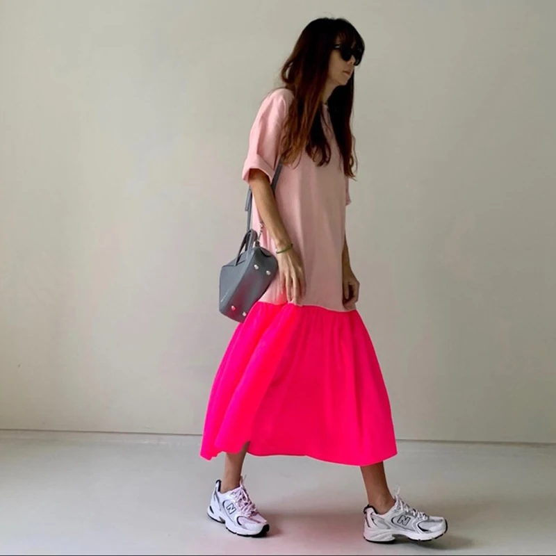 详情 (7).jpg TWOTWINSTYLE Elegant Patchwork Hit Color Dress Women O Neck Half Sleeve Oversize Casual Midi Dresses Female 2020 Summer Clothes