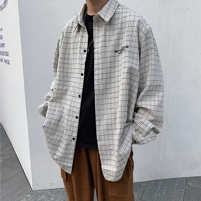 

M-5XL Oversized Men's Plaid Shirts Casual Loose Long Sleeve Youth Letters Printed Check Shirts Male Back to School Streetwear