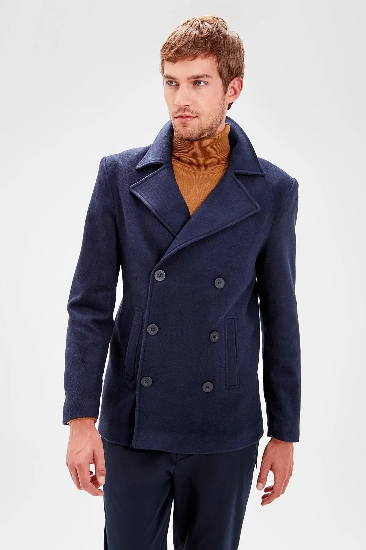 Trendyol темно-синий мужской передний карманы на пуговицах diagonel пальто TMNAW20KB0005