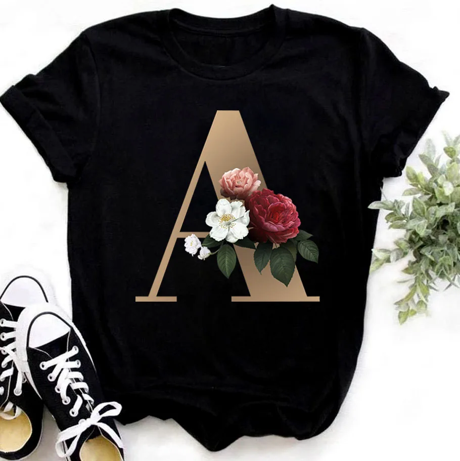 Hf875beace57645f196f881b3bf950eb9a - Flower Letter Combination T-shirt