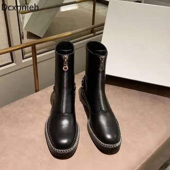 

Genuine Leather Front Zip Black Demonia Boots For Women Metal Chain Western Style Martin Bota Fashion Lolita Knee High Booties