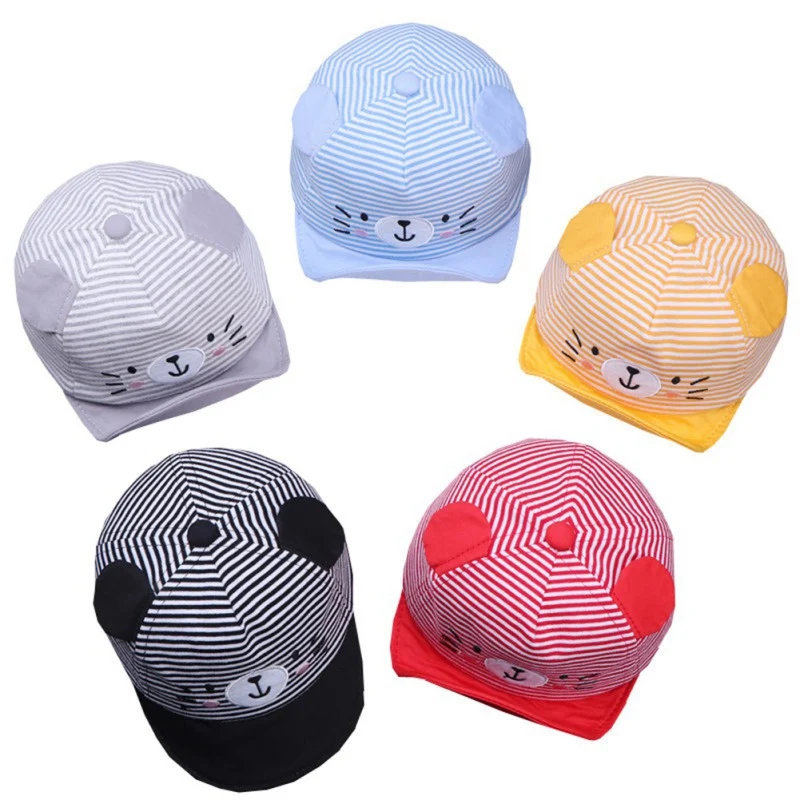 

Spring Kids Hats Cute Bear Printed Baby Ball Hat Boy Girl Baseball Cap Breathable Stripe Animal Visors Candy Color Hats 0-2Y
