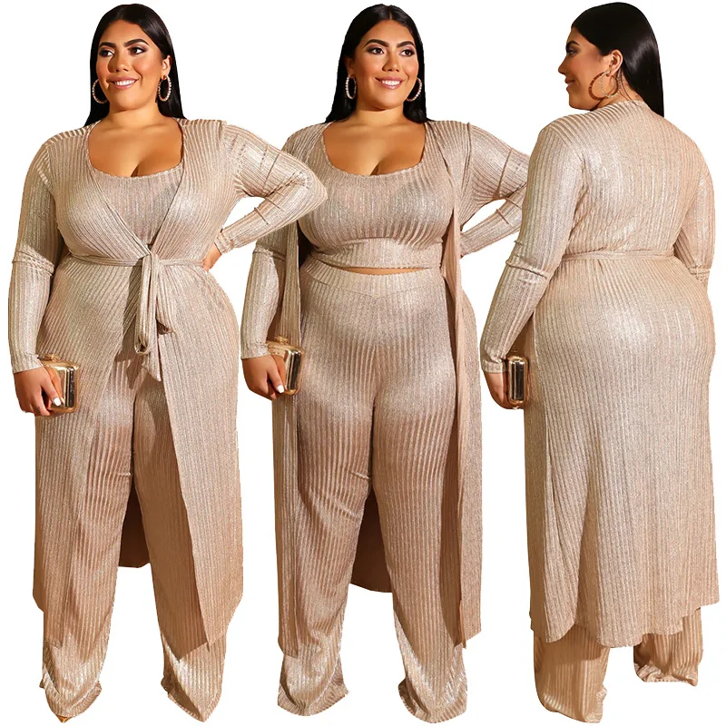 

Plus size Female Set 2019 Fashion Solid Long Sleeve Sequined 3 Piece Set Women Bodycon Long Pants + Vest +Women's Suits Outwear