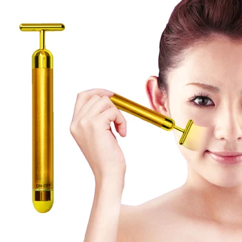

New 24K Gold T Bar Face Lifting V Shap Slimming Face Pulse Massager Stick Rids Skin Tightening Care Tool