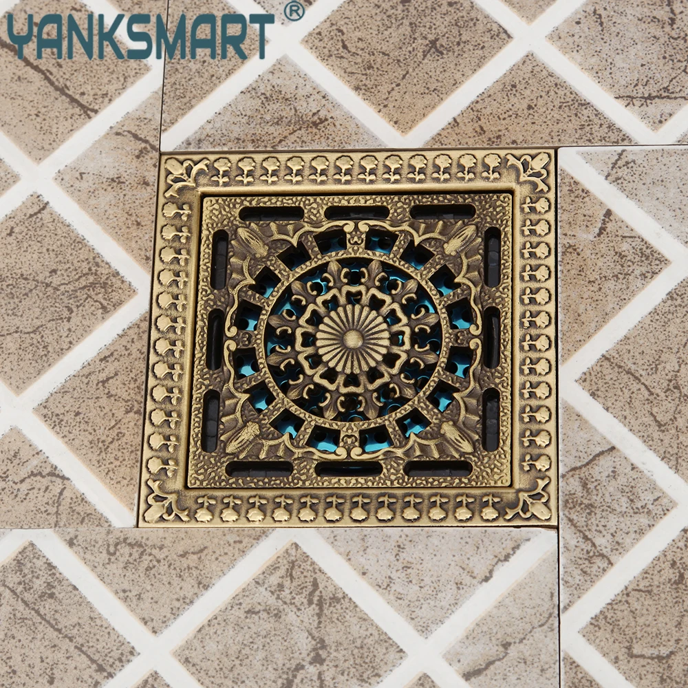 

YANKSMART Antique Brass Floor Drain Bathroom Floor Drain Household Art Carved Flower Floor Drain Shower Square Drain Strainer