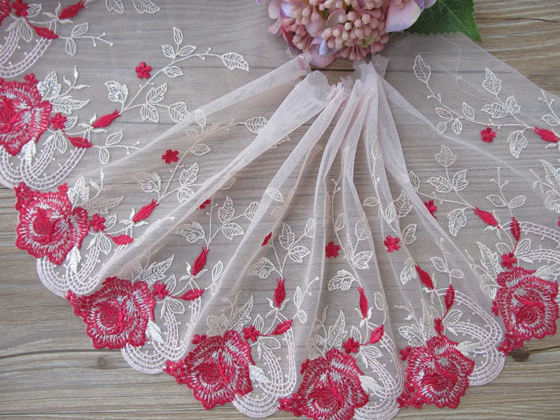 

10Yards Embroidered Floral Lace Trim 22cm Wide Pink Mesh Net Applique Embroidery Bridal Dress Motif for Clothing Dress