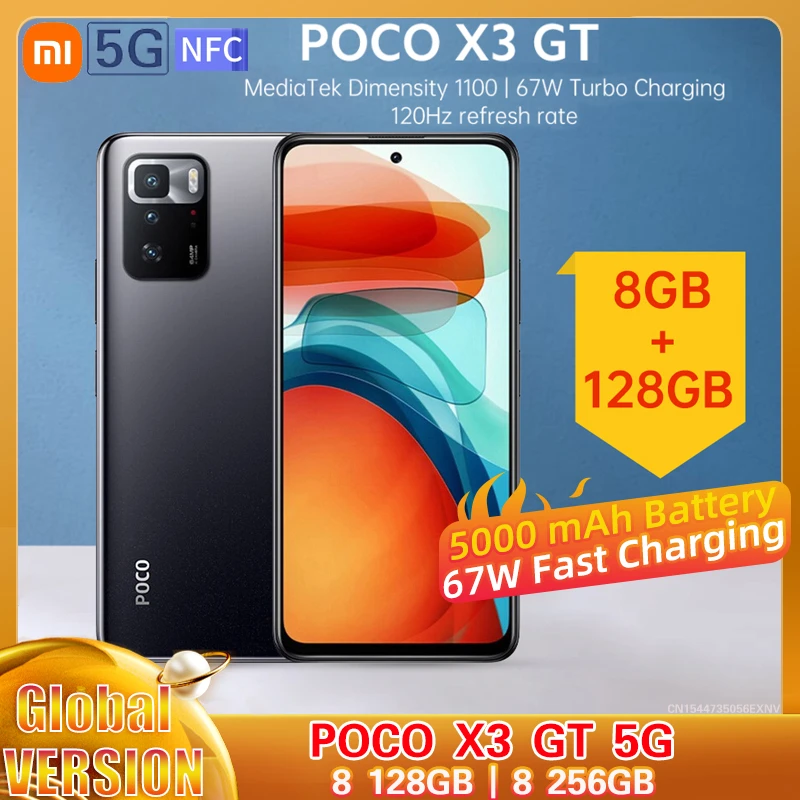 poco mobile new model Global Version POCO X3 GT 5G 8GB 128GB/256GB NFC Smartphone MTK 1100 67W Turbo Charging 6.6'' 120Hz 5000mAh 64MP Triple Camera new phone poco