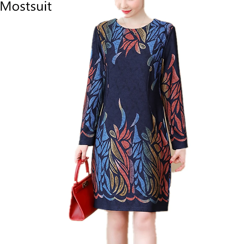 

L-5xl 2019 Autumn Blue Red Vintage Printed Dress Women Plus Size Long Sleeve O-neck Elegant Ladies Dresses Vestidos Mujer Femme