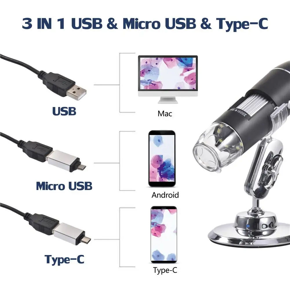 3 в 1 1600X цифровой микроскоп портативный два адаптера Поддержка Windows для телефонов Android лупа USB Microscopio последние