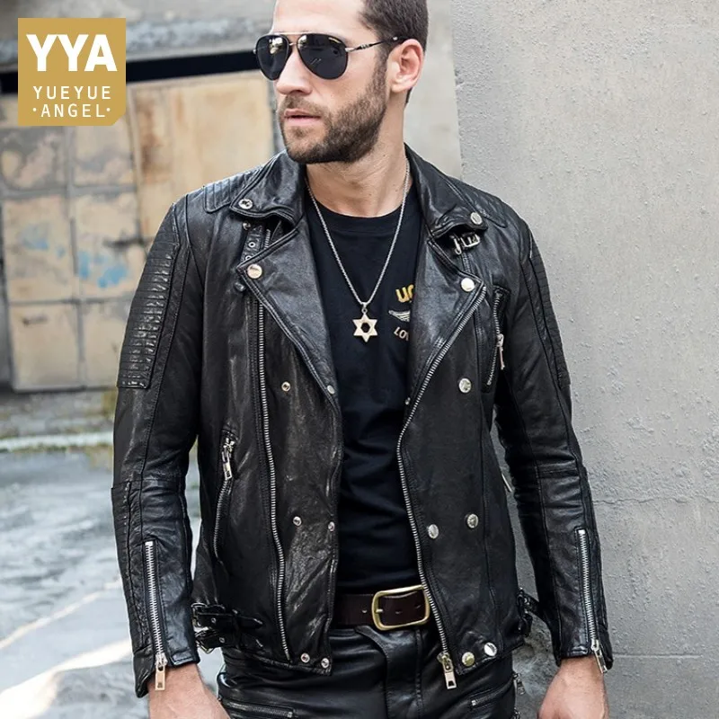 LuxuryMensShortSlimGenuineLeatherJacketBuckleTanningSheepskin
