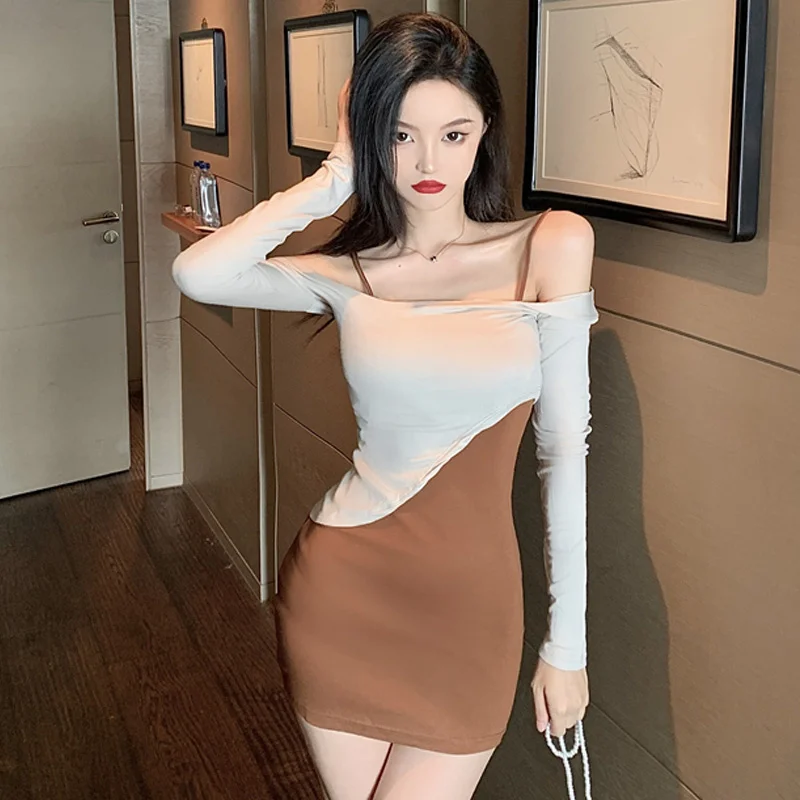 Sexy Square-Neck Show Chest off-the-Shoulder Irregular T-shirt Sling Hip Skirt Two-Piece Set Rac |