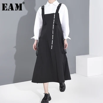 

[EAM] Women Black Pocket Split Big Size Spaghetti Strap Dress New Sleeveless Loose Fit Fashion Tide Spring Summer 2020 1R49701