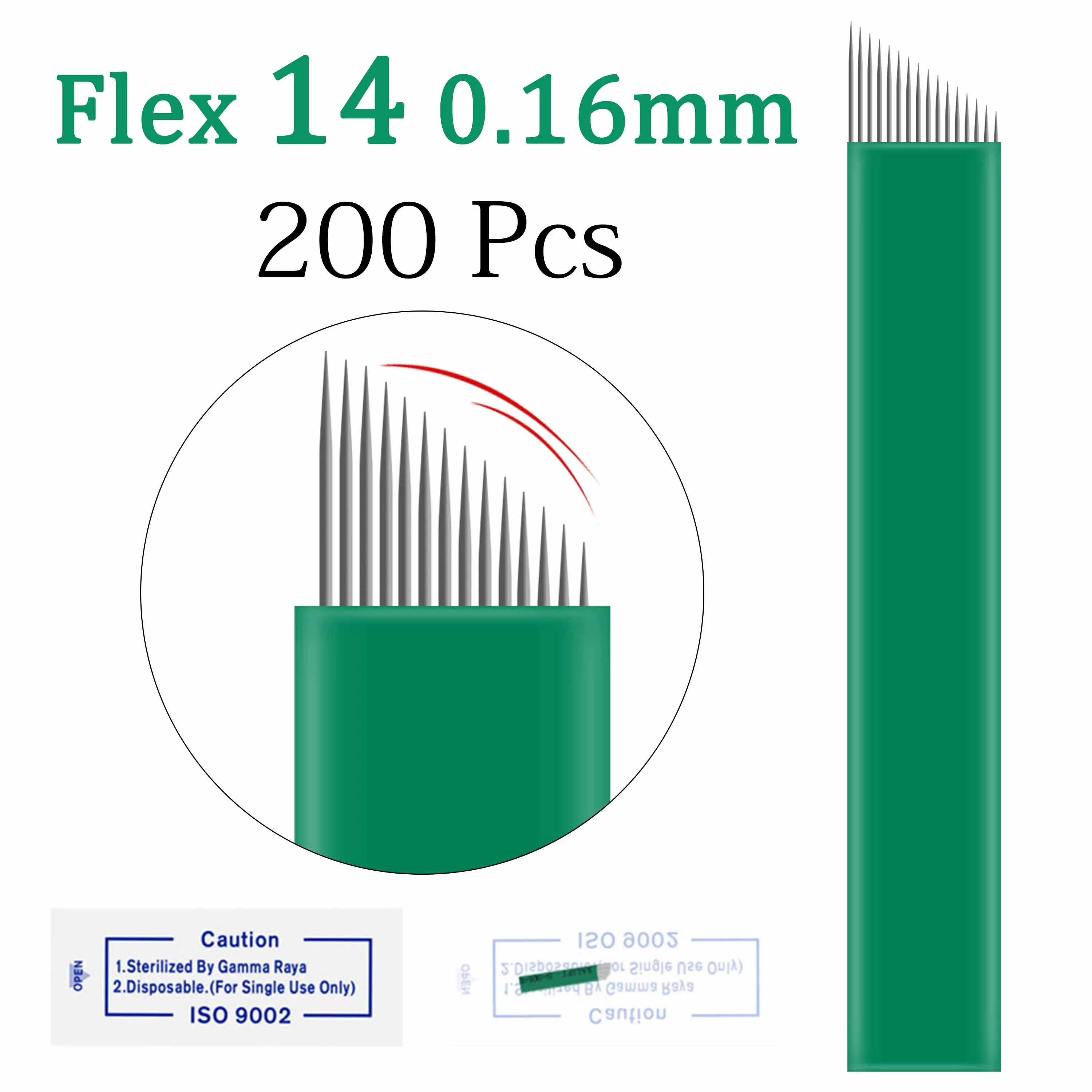 flex14 Иглы для микроблейдинг tebori, перманентные, 0,16 мм, зеленые, Nano LAMINA, для бровей, гибкие Иглы для татуировки, 12 гибких, 200 шт. CHANFRADA - Габаритные размеры: flex14