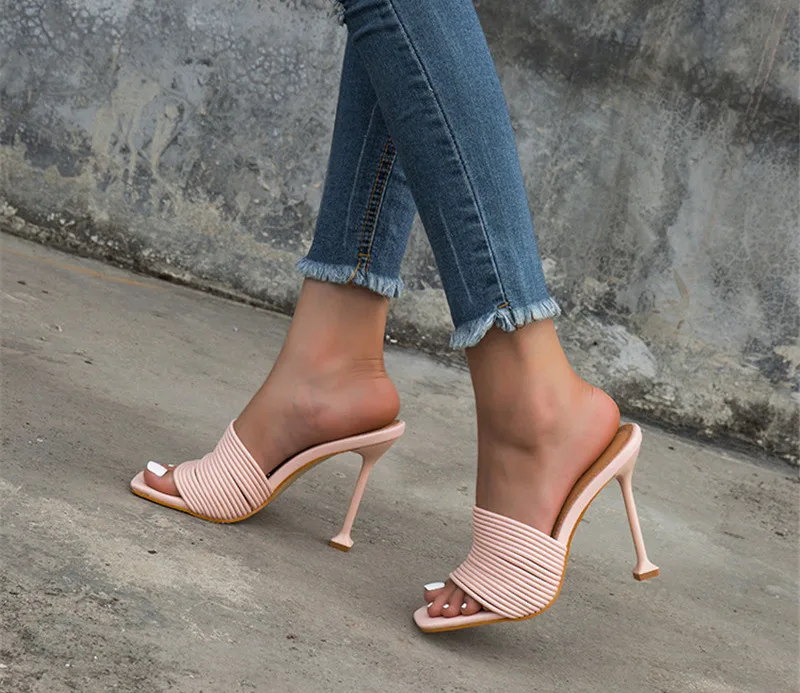 Summer New Fashion Square Toe Slippers Women Sexy Hollow out Slides Stiletto High Heels Elegant Party Dress Femme Shoes
