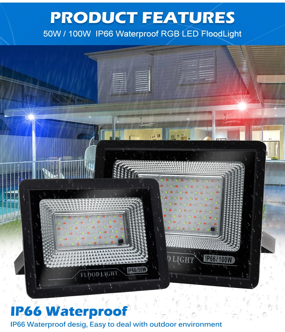 outdoor floodlight RGB LED Flood Light AC 220V 50W 100W Outdoor RGB Floodlight Spotlight IP66 Waterproof LED Street Lamp With Remote Control sensor flood light