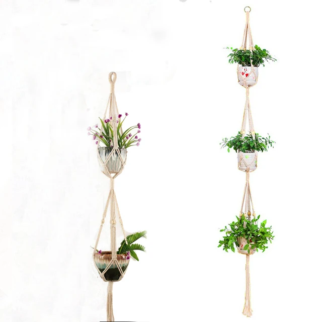 poy tray doule layer three macrame pot plant holder hanging |