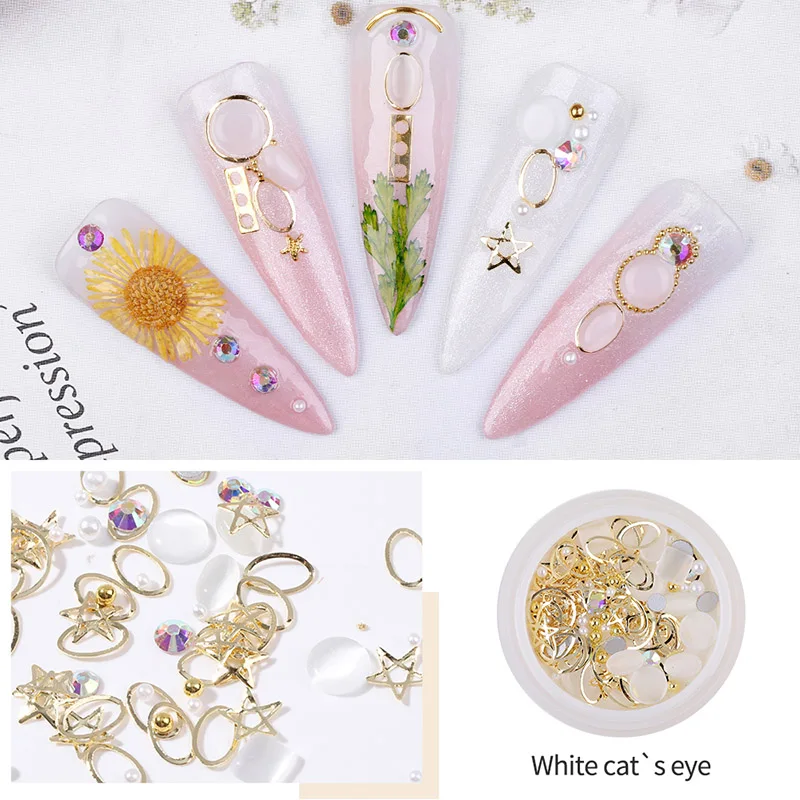 3D кошачьи глаза Стразы для ногтей, камни, смешанные мини бусины, металлические заклепки, жемчужные стразы, украшения для ногтей, аксессуары для самостоятельного маникюра - Цвет: White