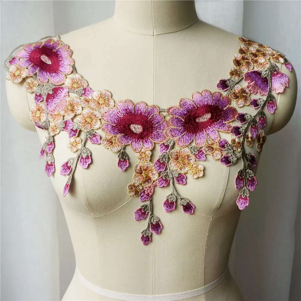 Pink Purple Flower Tassel Collar Embroidered Wedding Gown Appliques Lace Fabric Mesh Sew On Patches For Decoration Dress DIY | Дом и сад
