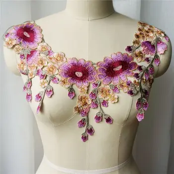 

Pink Purple Flower Tassel Collar Embroidered Wedding Gown Appliques Lace Fabric Mesh Sew On Patches For Decoration Dress DIY