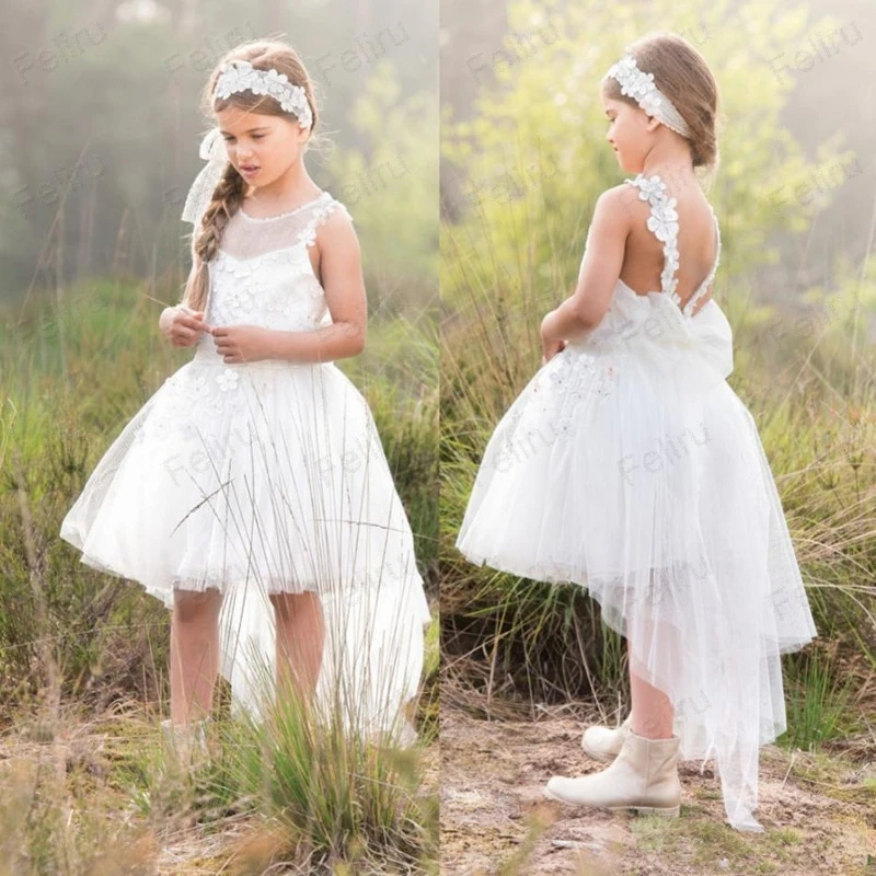 shuiyin65 (2)Summer Boho Flower Girls' Dresses with Applique High Low Tulle Lovely Baby Girl Pageant Gowns Backless Cheap Communion Dress
