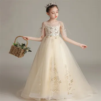 

Childre Girls Luxury Excellent Handmade Sequined Champagne Wedding Party Birthday Long Tail Dress Kids Host Communication Dress