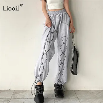 

Liooil Gray High Waist Bandage Loose Sweatpants Women Trouser Fall 2020 Winter Drawstring Zip Up Sexy Womens Joggers Sweat Pants