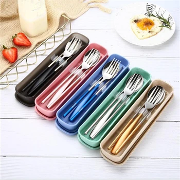 

3Pcs/Set 304 Stainless Steel Chopsticks Fork Spoon Sets Solid Boxed Portable Travel Picnic Camping Tableware Student Dinnerware