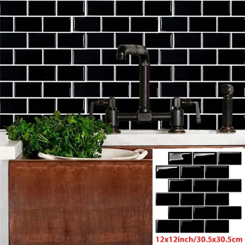 

4pcs 3D Black Wall Sticker Self Adhesive Removable Waterproof Oil-proof Wallpaper Black Tiles Stickers Bathroom Kitchen Decor