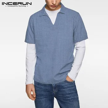 

INCERUN Men's Shirt Lapel Vintage Loose Street Cotton Breathable Solid 2020 Camisas Hombre Short Sleeve Casual Shirts Men S-5XL