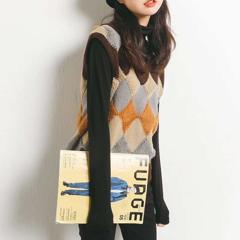 Korean Loose Women's Sleeveless Jacket V-Neck Geometric Patchwork Vintage Sweater Vest Female Winter Warm Waistcoat Veste Femme
