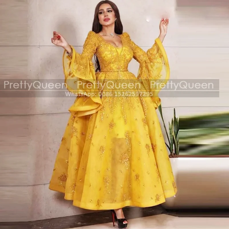 Gold Yellow Lace Prom Dresses With Appliques Beads Long Sleeves