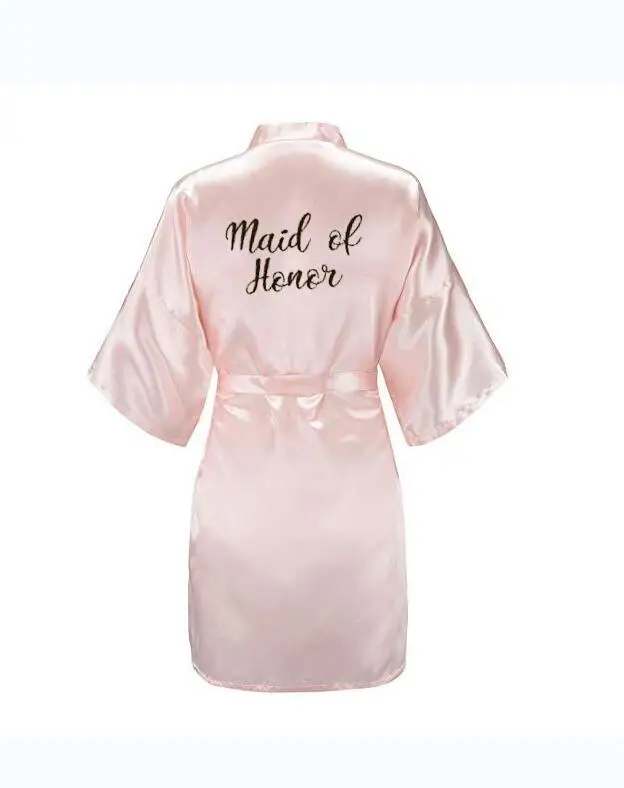 Bride Bridesmaid Robe with White Black Letters Wedding Gift Bathrobe Kimono Satin Robes