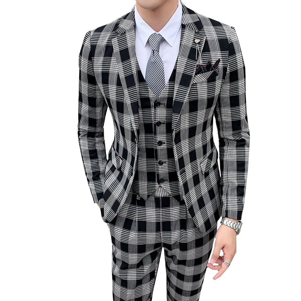 Wonderful Groom Male Wedding Prom Suit lattice Slim Fit Tuxedo Men Formal Business Work Wear Suits 3Pcs Set(Blazer+Pants+Vest