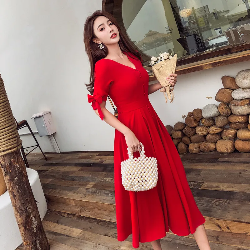 

2019 Autumn Clothing New Style Women's Debutante Elegant Goddess-Style Waist Hugging Slimming Bow Lace-up A- line Big Hemline Dr