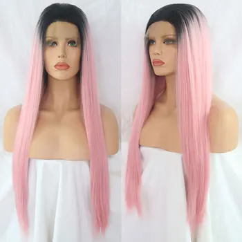 

Black Roots Ombre Pink Synthetic Lace Front Wig Straight Heat Resistant Fiber Hair Natural Hairline Free Parting For Women Wigs