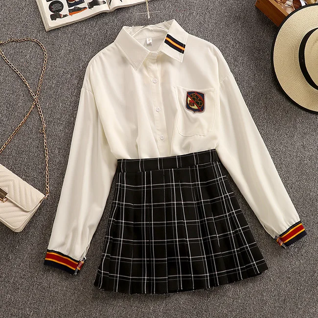 

2019 Autumn New Women's Sets Korean Fashion College Wind Lapel White Shirt Plaid Skirt Two-piece Suit Female Free Shipping