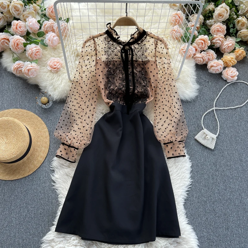 

Summer Women's Dress Korean Retro Polka Dot Mesh Puff Sleeve Dress New Waist and Thin A-line Long Sleeve Short Dresses HH176