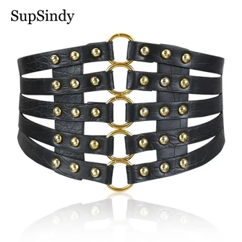 

SupSindy Woman's down Coat wide belt Punk Rivet Round metal buckle Hollow Elastic Leather Belts for women dress Waistband Female