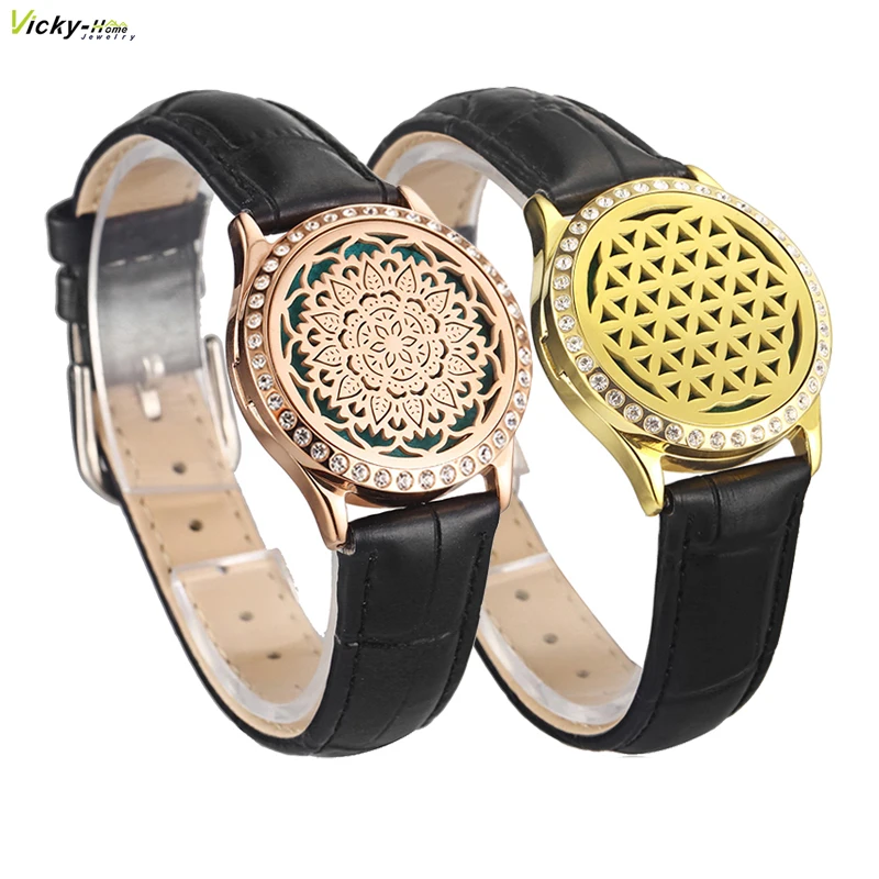 Black Genuine Leather Man Woman Crystal Aroma Locket Bracelet Stainless