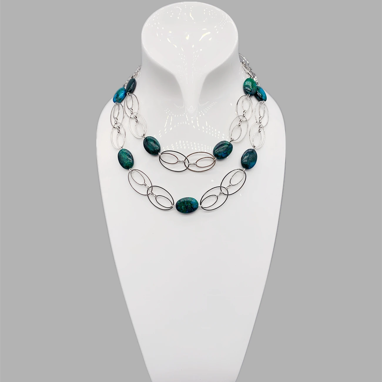 FoLisaUnique Silver Oval Loop Chains Green Azurite Long Necklace For Women Trendy Jewelry