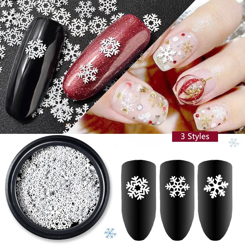 

Christmas Style Nail Art Decoration White Snowflake Nail Art Sequins 3 Styles Mix In One Box Nail Decoration for Christmas