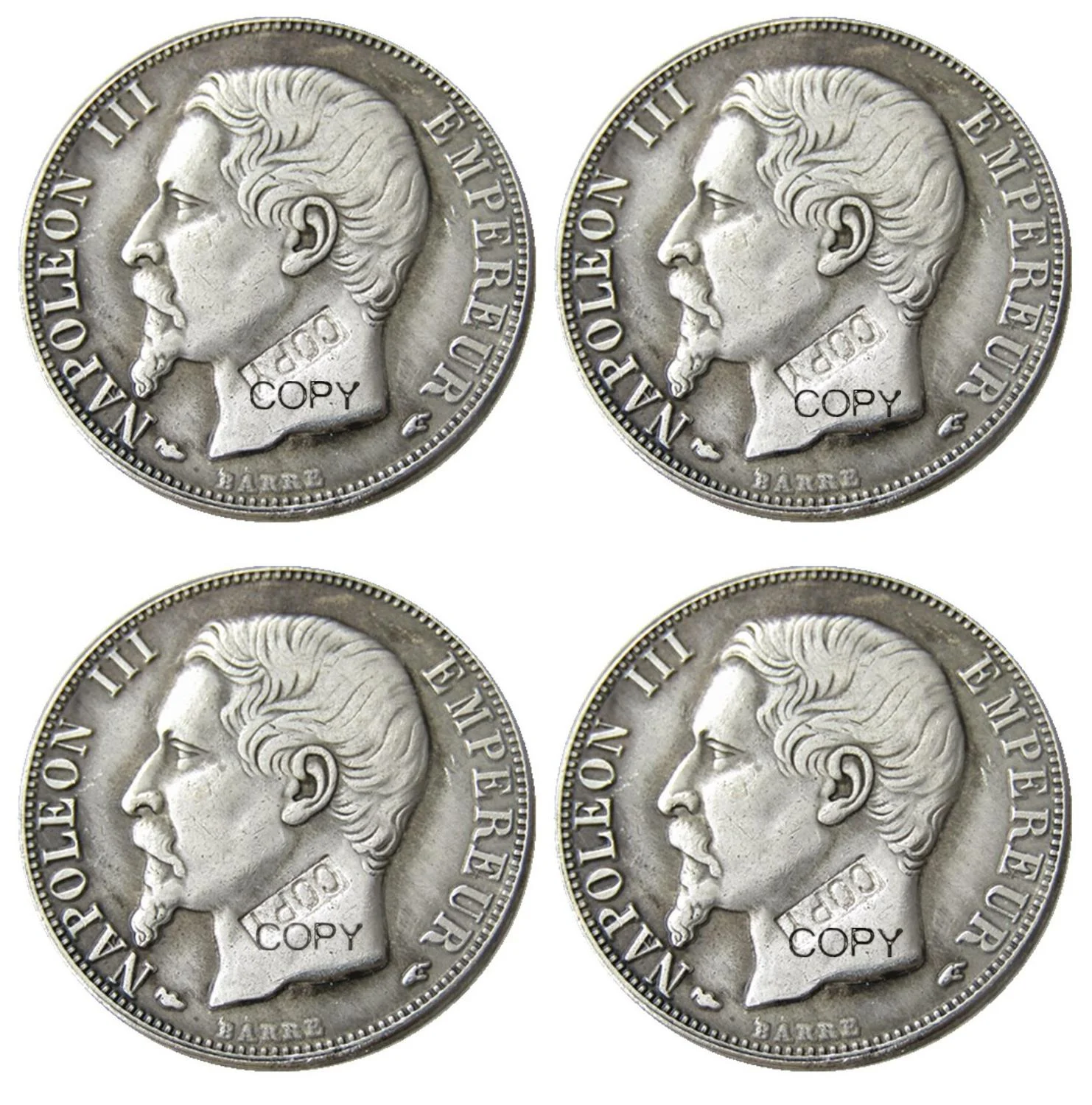 Франция набор(1853-1863A) 4 шт 2 Франка посеребренные копии монет
