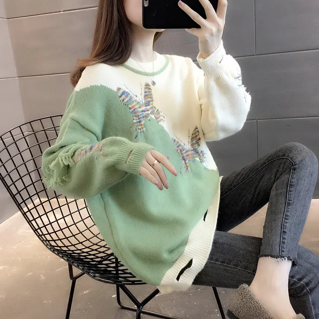 Pullover Women's Sweater Fashion Knitted Embroidered Sweater Autumn Winter Oversized Woman Sweaters green