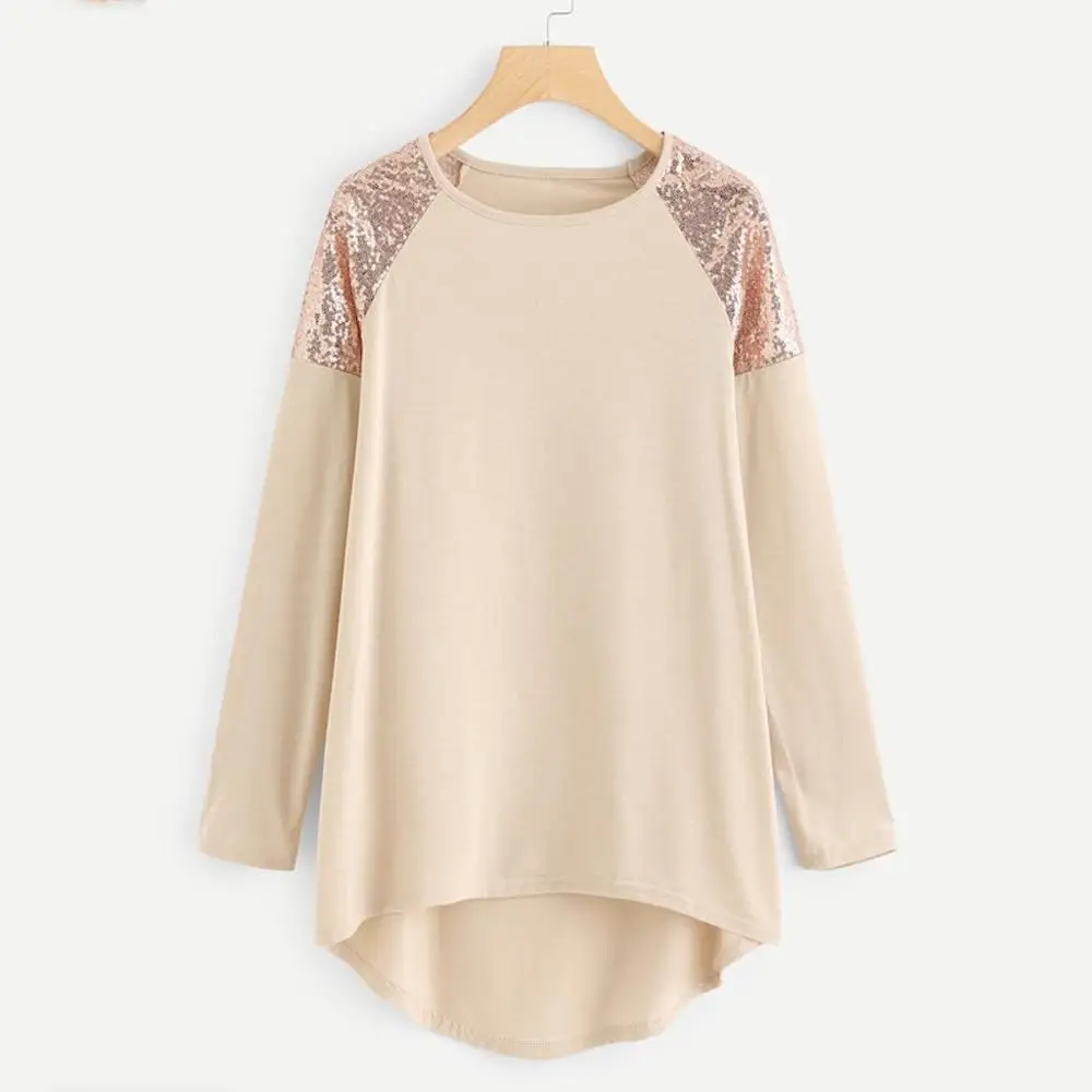 

Plus Size Women Tops and Blouse Elegant Long Sleeve O-neck Sequin Patchwork Blouse Female Casual Autumn Loose Shirts Tops #15F