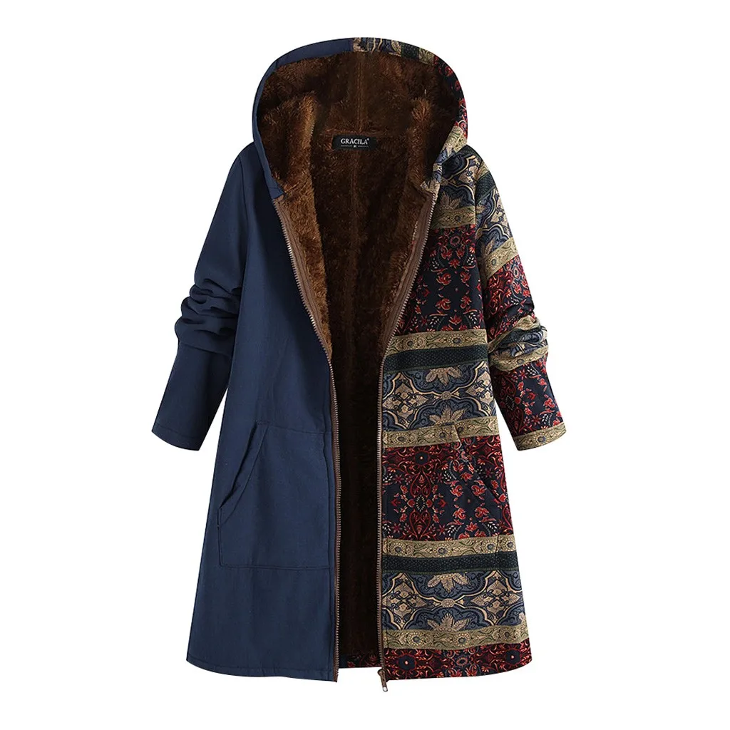 Женское зимнее пальто с капюшоном и длинным рукавом, винтажное флисовое плотное пальто с принтом, верхняя одежда, Женское пальто, Осеннее повседневное длинное пальто, куртка#3