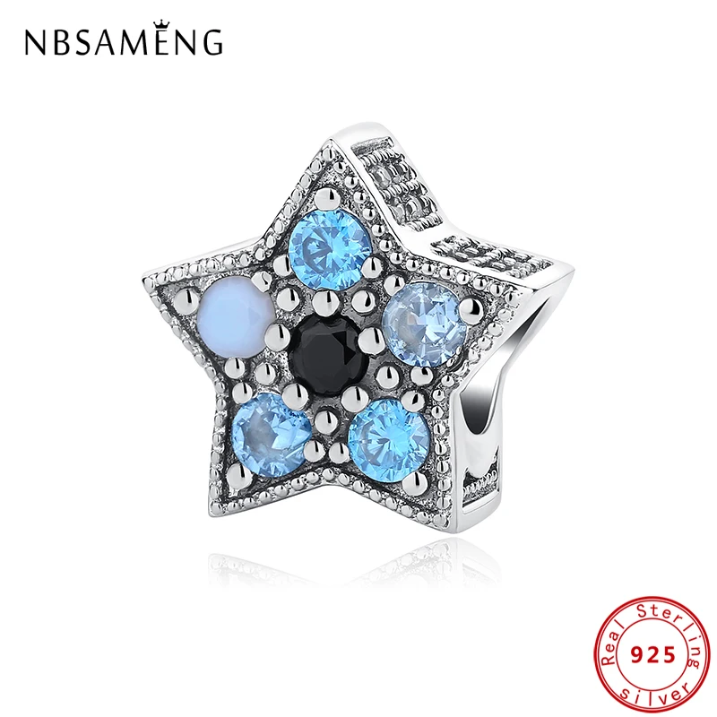 

2019 100% 925 Sterling Silver Charm Bead Blue beading start Pave Crystal Beads Fit Original Pandora Bracelets Jewelry Gift
