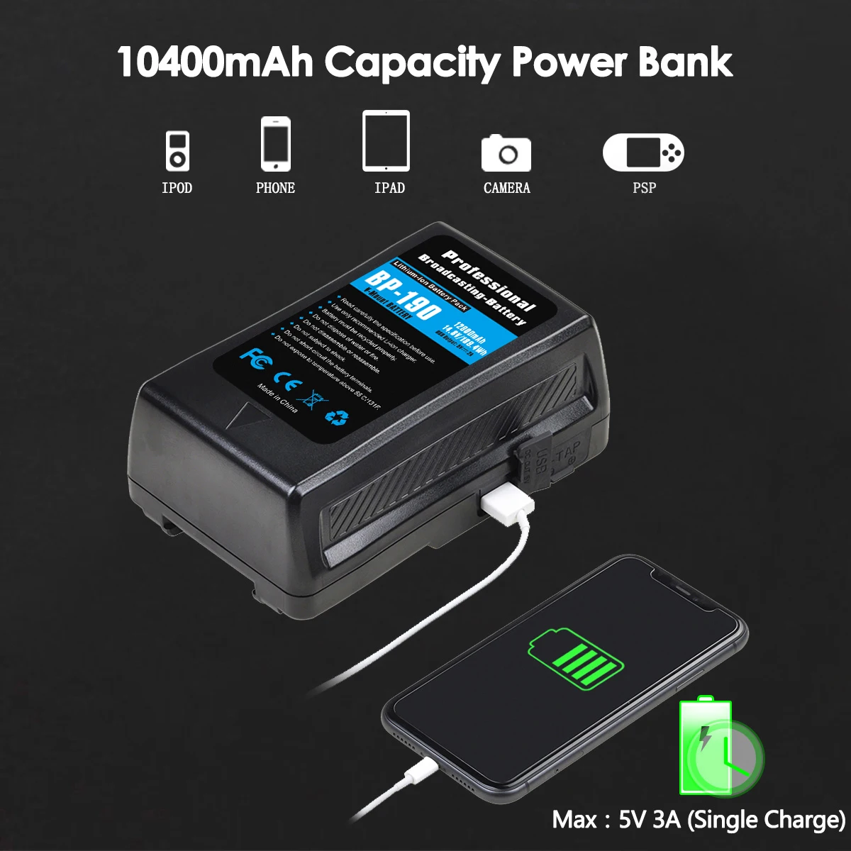 BP-190 V Mount Battery With D-Tap Charger for Sony Broadcast Camcorder HDCAM XDCAM BL-BP150 BP-150S LED Video Light